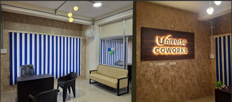 Reception and waiting area of Universe Coworks featuring a tan sofa and blue striped blinds.