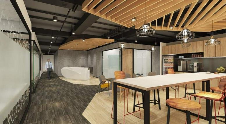 Spacious reception and lounge at OCBC Centre, Level 46, 65 Chulia Street with warm wood slat ceilings.