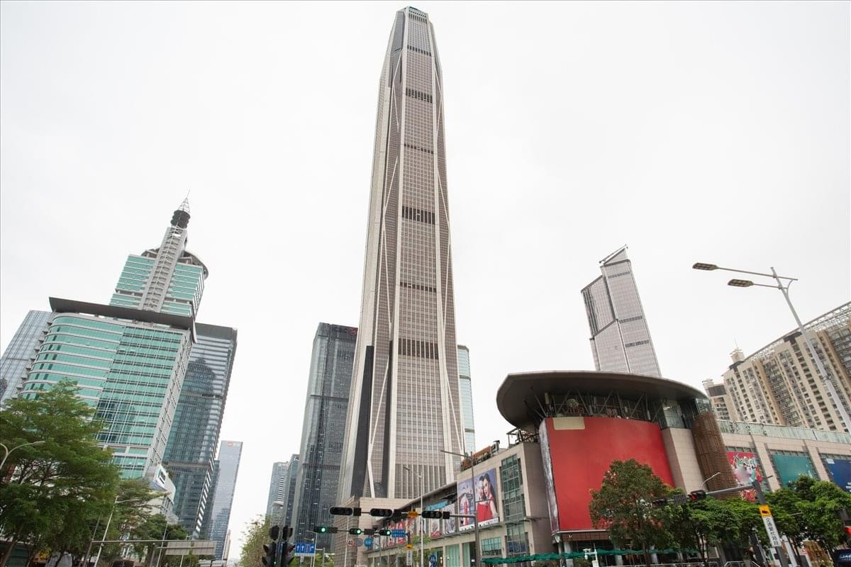 Exterior view of the soaring glass facade of the Ping An Finance Centre in Shenzhen.