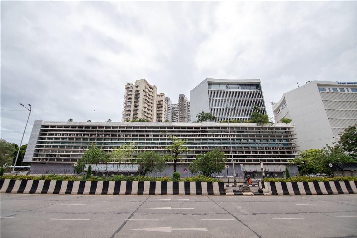 Exterior view of the Brutalist architecture facade at Shiv Sagar Estate.