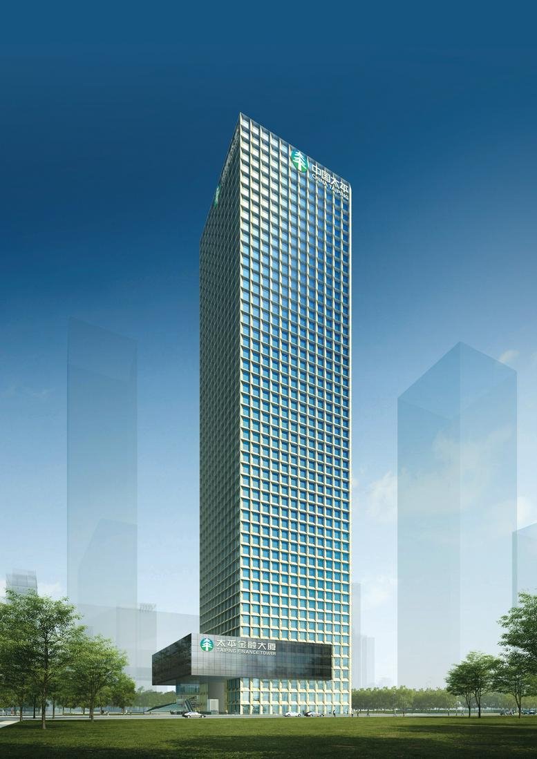 Exterior view of the glass-facade Taiping Finance Tower set against a clear blue sky.