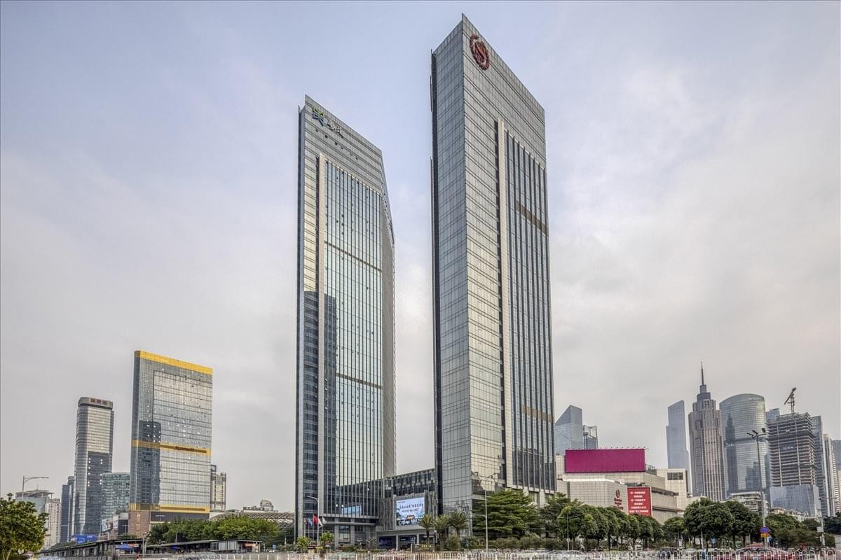 Exterior view of the twin glass towers at Teem Tower, No. 208 Tianhe Road, Guangzhou.