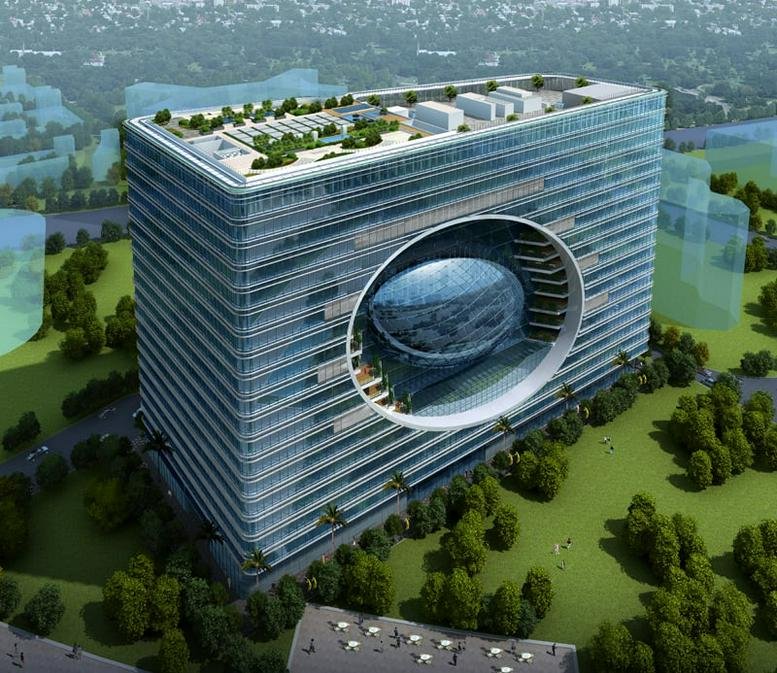 Aerial rendering of the iconic glass facade of The Capital, BKC Road, featuring a large central circular cutout.