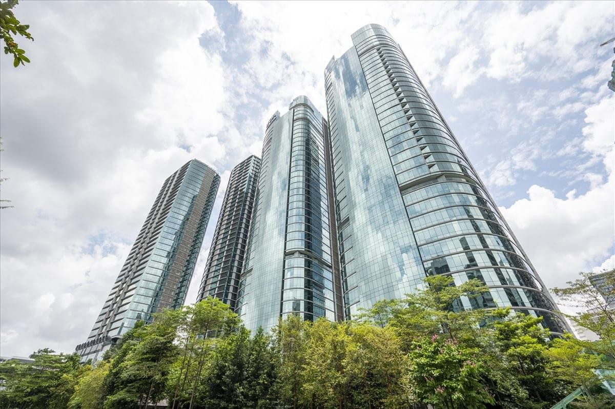 Exterior view of the glass-facade buildings at The Vertical Corporate Towers.