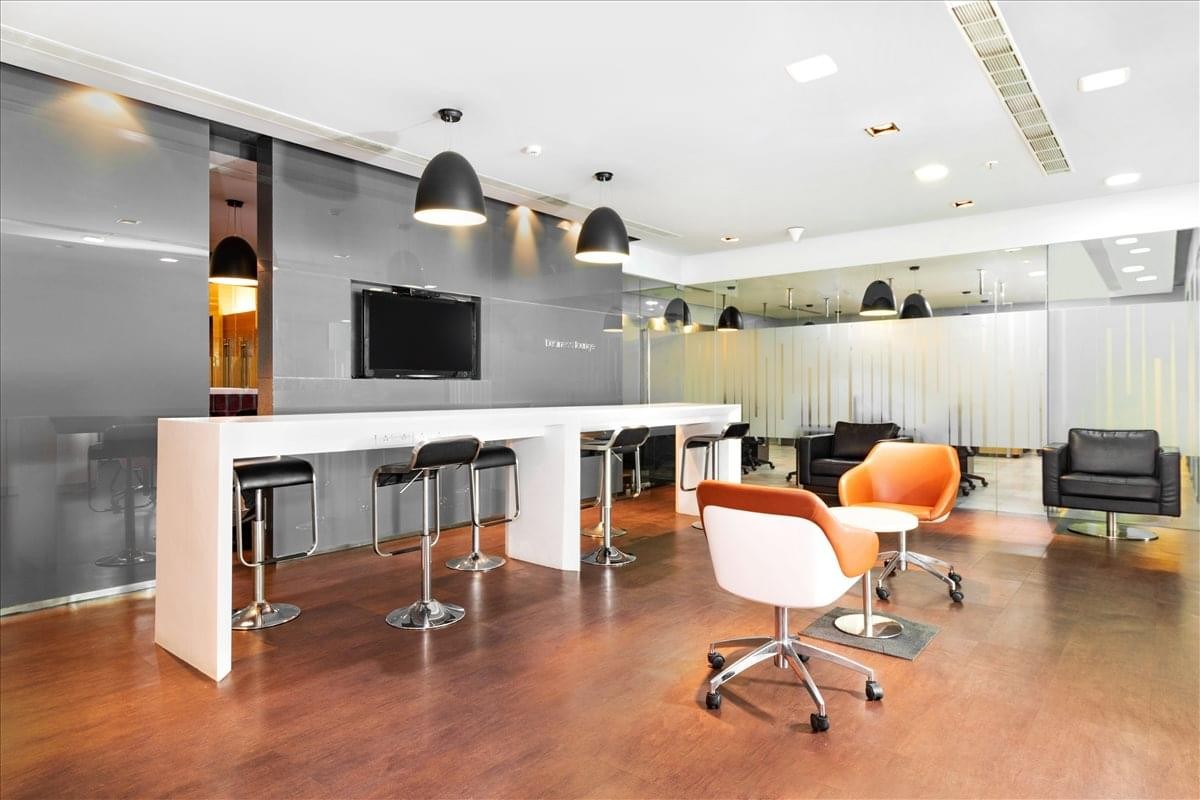 Spacious communal lounge at the World Trade Centre, 22nd Floor, Brigade Gateway, Bangalore, India.