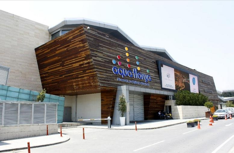 Exterior view of the wooden and glass facade at Aqua Florya in Istanbul.