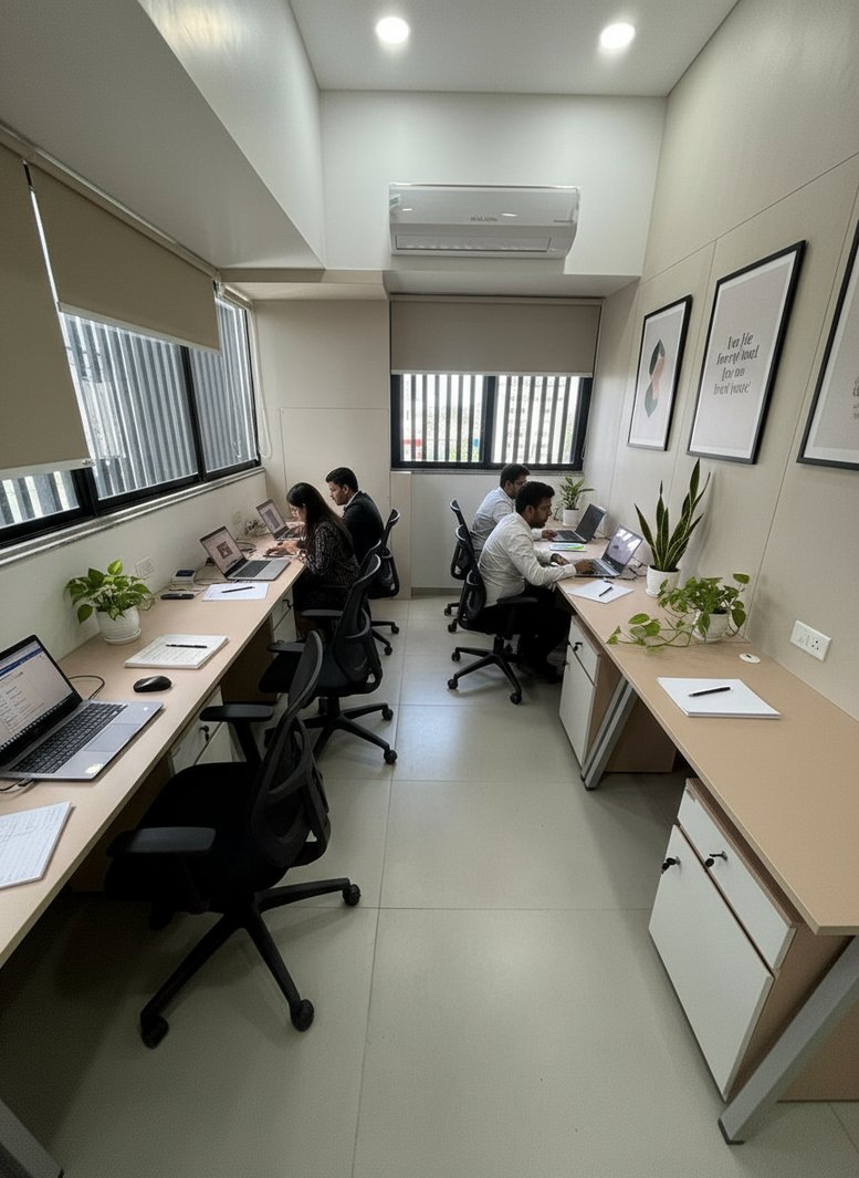 Open-plan office at 6th & 7th Floor, Opposite Kachipura Garden Ramdaspeth with people working at desks and indoor plants.