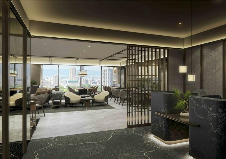 Spacious communal lounge at Park Tower 9th fl with floor-to-ceiling city views and plush seating.