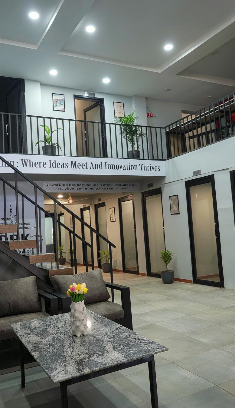 Lobby at Plot No 28 Industrial Area & Business Park, Phase 2 Chandigarh with a central staircase and lounge area.