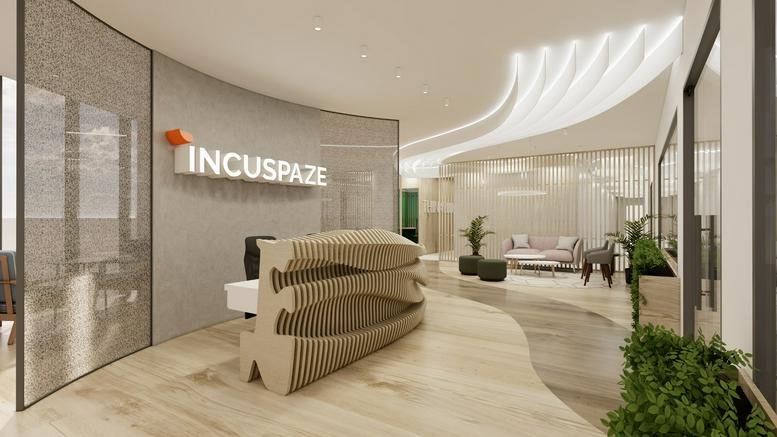 Reception area at Sector 67, Golf Course Extension Road, Gurugram (Gurgaon) with a unique sculptural wood desk.