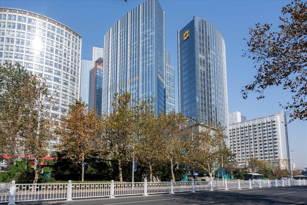 Exterior view of the modern glass-facade towers at the Shangri-La Centre.