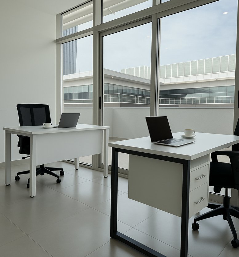 Spacious two-desk office at building 34 on Suliman Al Nabulsi Street with floor-to-ceiling windows.