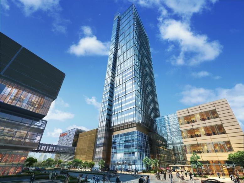 Exterior view of the glass-facade Tower 2, Jing An Kerry Centre, 1515 West Nanjing Road, Shanghai.