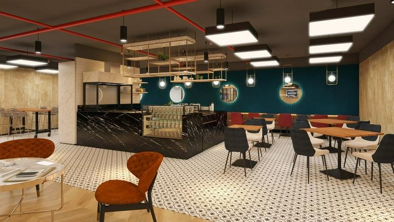 Spacious communal lounge at Tower 3, Prestige Blue Chip, featuring diverse seating and a marble-clad cafe counter.