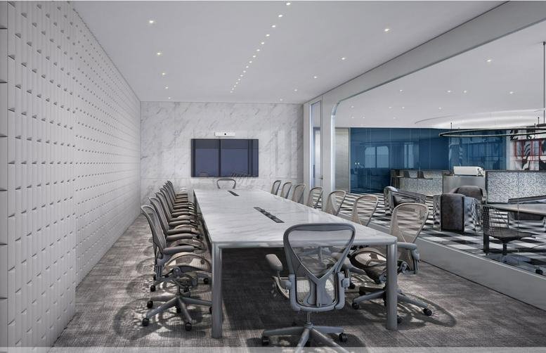 Modern conference room at Level 29, Tower A, THREE ITC with a long marble table and ergonomic chairs.