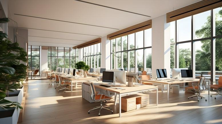 Spacious sun-lit open plan office with wooden desks and large windows at ARC 380.
