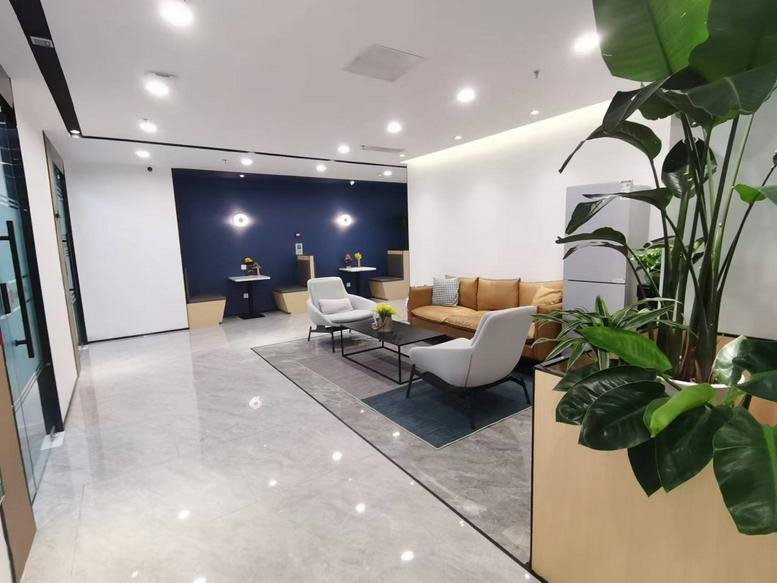 Lounge area with modern sofas and potted plants.