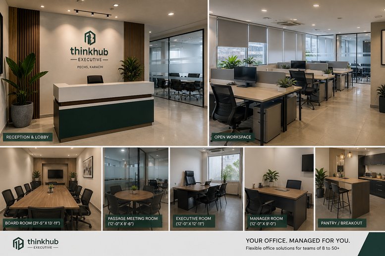 Reception and lobby at thinkhub Executive in PECHS, Karachi with a modern front desk and greenery.