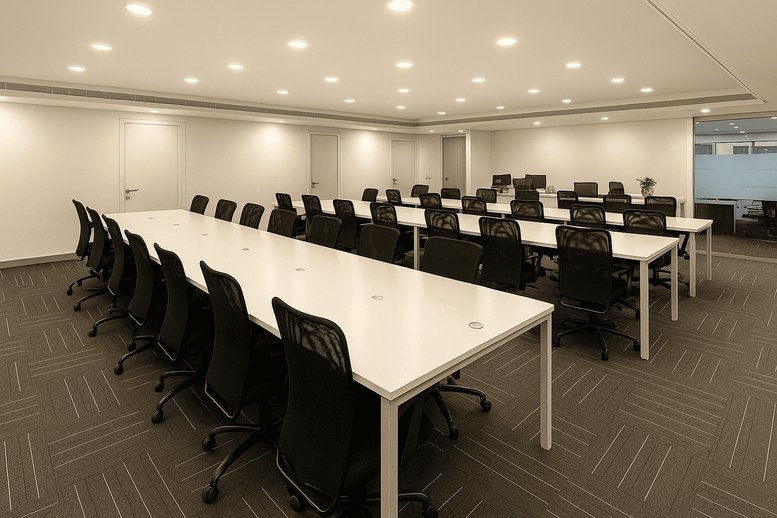 Large meeting room at Solitaire Corporate Park with a long white table and rows of black ergonomic chairs.