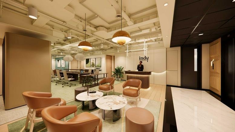 Spacious reception and lounge with warm lighting and designer furniture at The Chelsea, 69 Jervois Street.