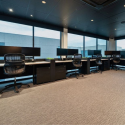 Bright office workstations arranged along a row of large exterior windows.