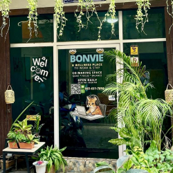 Exterior entrance of the office at 2/41 Soi Sribumpen, Thung Maha Mek, Sathorn with glass doors and hanging plants.