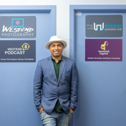 Office entrance featuring branded signage for photography, podcasting, and digital services.