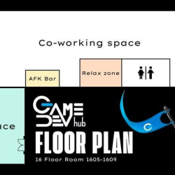 Graphic floor plan showing co-working, event space, and relax zones.