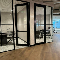 Individual glass-walled office pods with black frames in a bright, modern corridor.