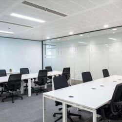 Modern professional meeting room with white desks and glass walls, Seaside East Tower, Tokyo