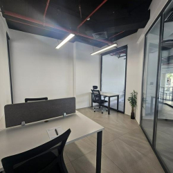 Contemporary office with desks, glass walls, and a small indoor plant.