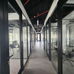 Long hallway with glass-walled office suites on both sides.