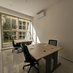 Private office with two desks and large sunlit window.