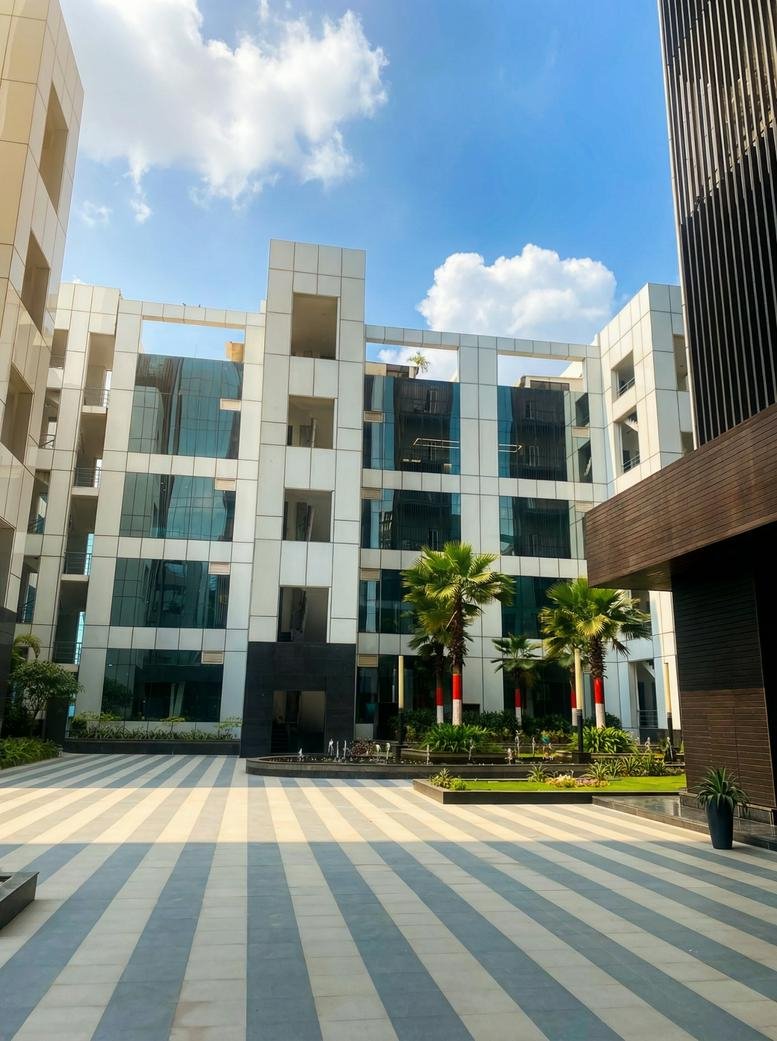 Modern glass-facade exterior view of the UTC, Sec-132 building under a blue sky.