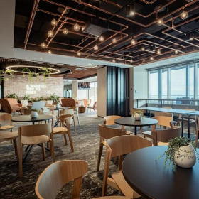 Spacious common area at 240, Saint Georges Terrace, Level 16 with modern lighting and city views.. Click for details.